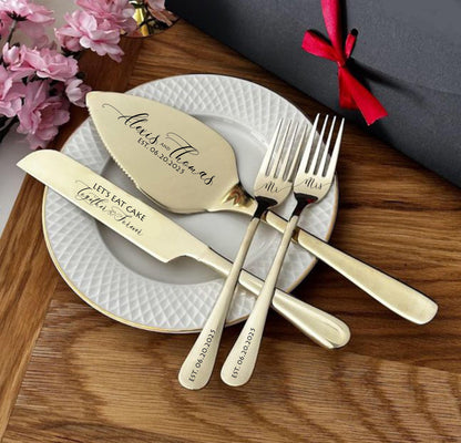 Solid Gift Wrapped Wedding Cake Serving Set for Bride Groom: Personalized Anniversary Keepsake for Couple Custom Engraved Server Knife Forks