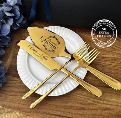 Personalized Wedding Cake Knife Set: Engraved Gold Silver Cutlery Gift