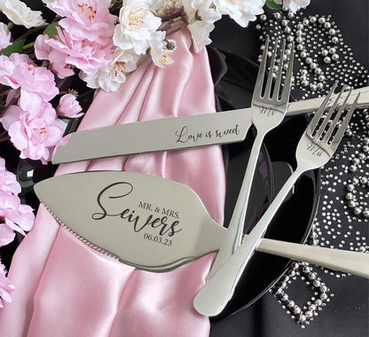 Personalized Gold Wedding Cake Server Knife Forks: Solid Heavy Set with Engraved Last Name Date for Couple, Anniversary Gift US TAXES PAID