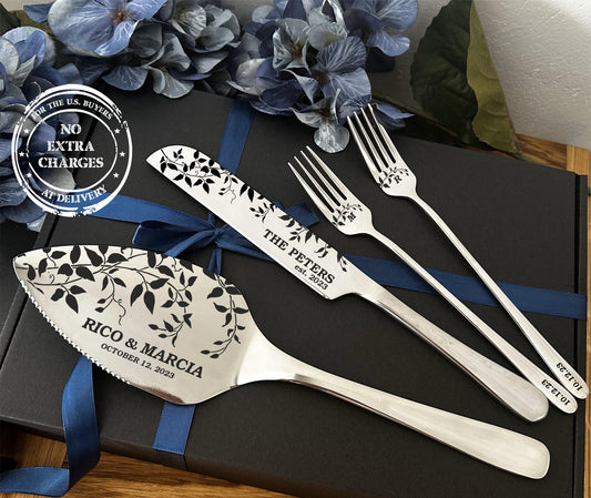Custom Engraved Knives Forks Set for Cake Cutting Ceremony: Memorable Anniversary, Wedding, Engagement, Birthday Gift