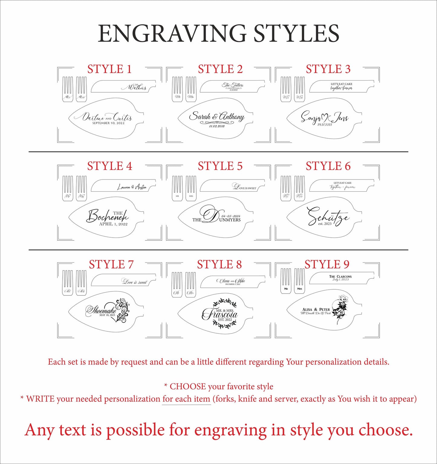 Engraved Wedding Cake Knife Server Dessert Forks Set: Personalized Stainless Steel Serving Cutlery, Anniversary Birthday Housewarming Gift