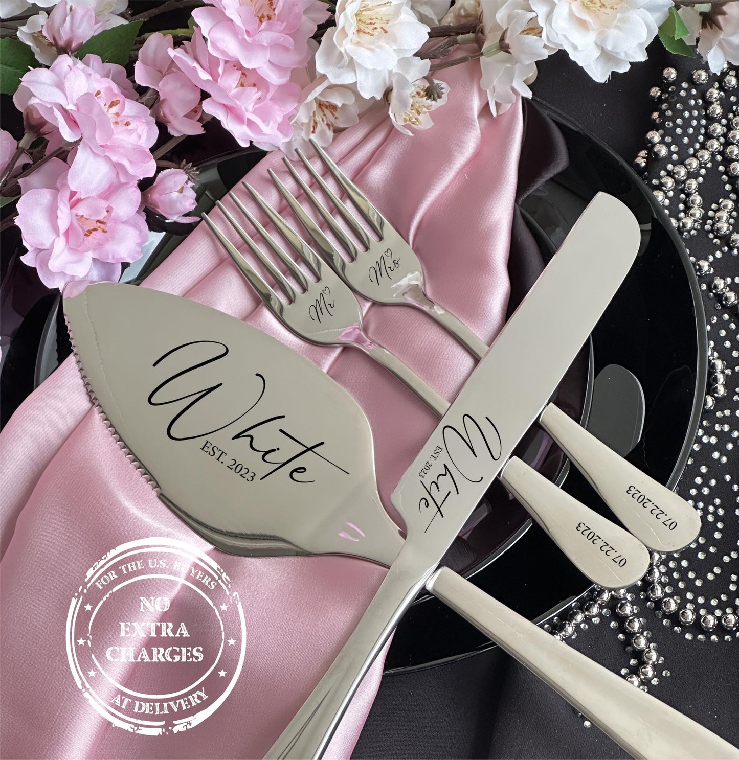 Engraved Wedding Cake Knife Server Dessert Forks Set: Personalized Stainless Steel Serving Cutlery, Anniversary Birthday Housewarming Gift