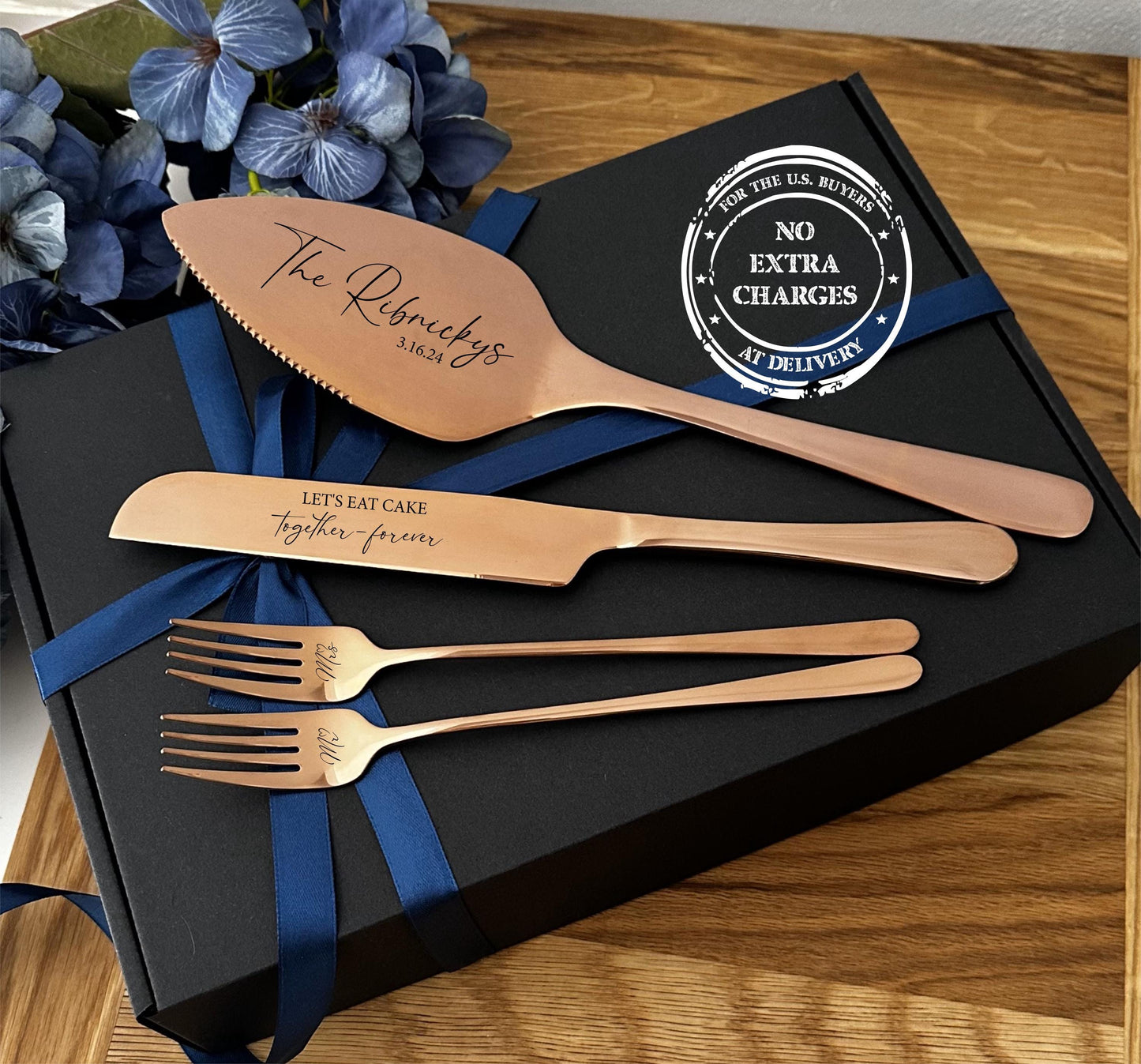Personalized Wedding Cake Cutlery Set for Нewlyweds: Engraved Knife, Server & Forks Keepsake for Pie, Dessert Serving US TAXES PAID