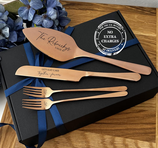 Personalized Wedding Cake Cutlery Set for Нewlyweds: Engraved Knife, Server & Forks Keepsake for Pie, Dessert Serving US TAXES PAID