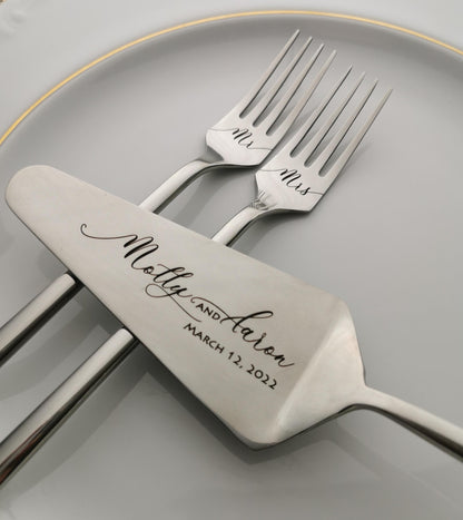 Personalized Wedding Cake Cutting Set: Engraved Italian Quality Silver Stainless Steel Cutlery Keepsake for Couple, Anniversary Gift