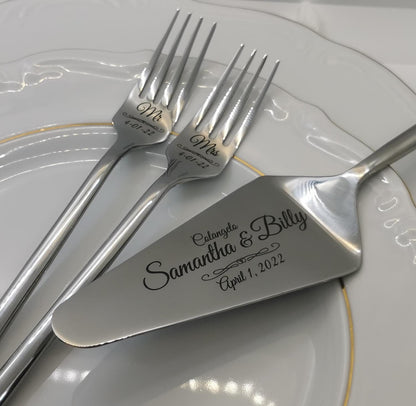 Personalized Wedding Cake Cutting Set: Engraved Italian Quality Silver Stainless Steel Cutlery Keepsake for Couple, Anniversary Gift