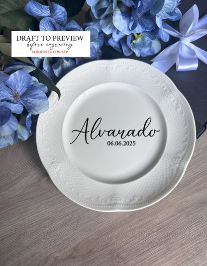 Personalized Wedding Cake Plate Keepsake for Bride Groom: Porcelain Platter for Mr Mrs Table, Anniversary Bridal Shower Gift