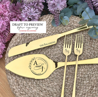 Personalized Gold Cutlery for Mr Mrs Cake Cutting Ceremony: Solid Stainless Steel Engraved Knife, Server and Forks Set for Wedding