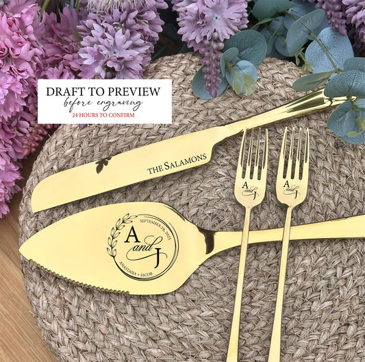 Personalized Gold Cutlery for Mr Mrs Cake Cutting Ceremony: Solid Stainless Steel Engraved Knife, Server and Forks Set for Wedding
