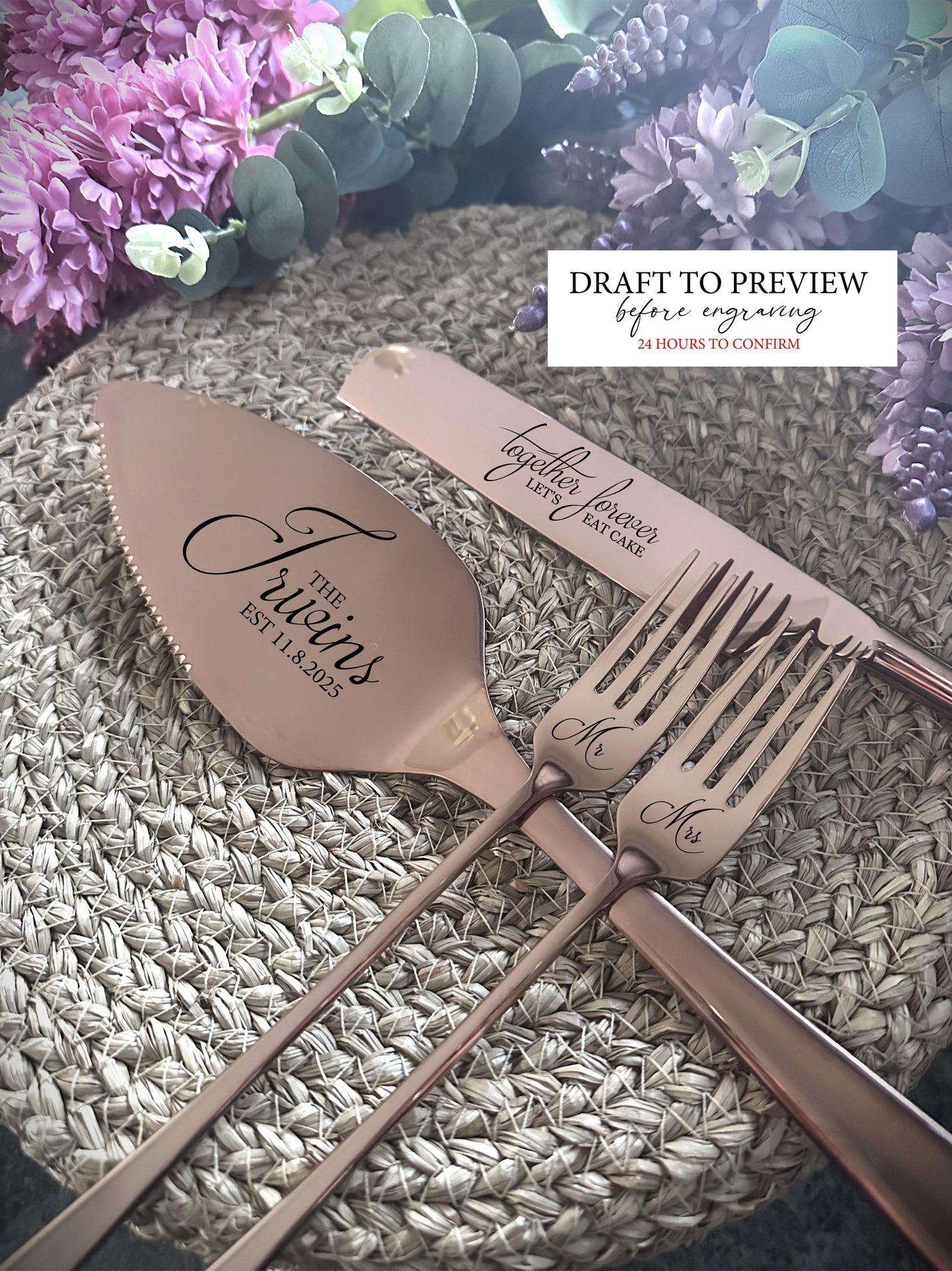 Personalized Cake Server Set: Engraved Wedding Knives and Forks with Names and Date, Elegant Velvet Cutlery Case Gift Box for the Couple