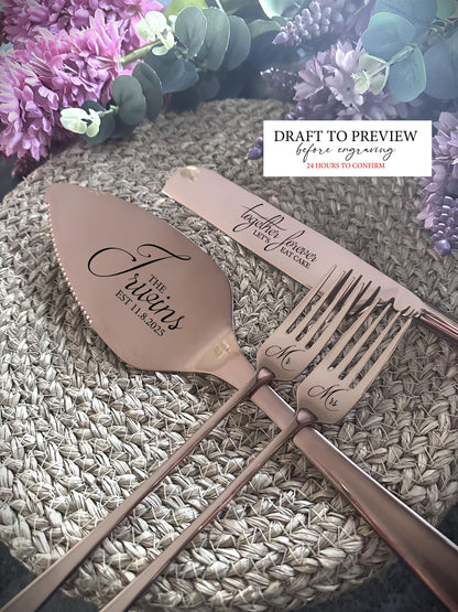 Personalized Cake Server Set: Engraved Wedding Knives and Forks with Names and Date, Elegant Velvet Cutlery Case Gift Box for the Couple