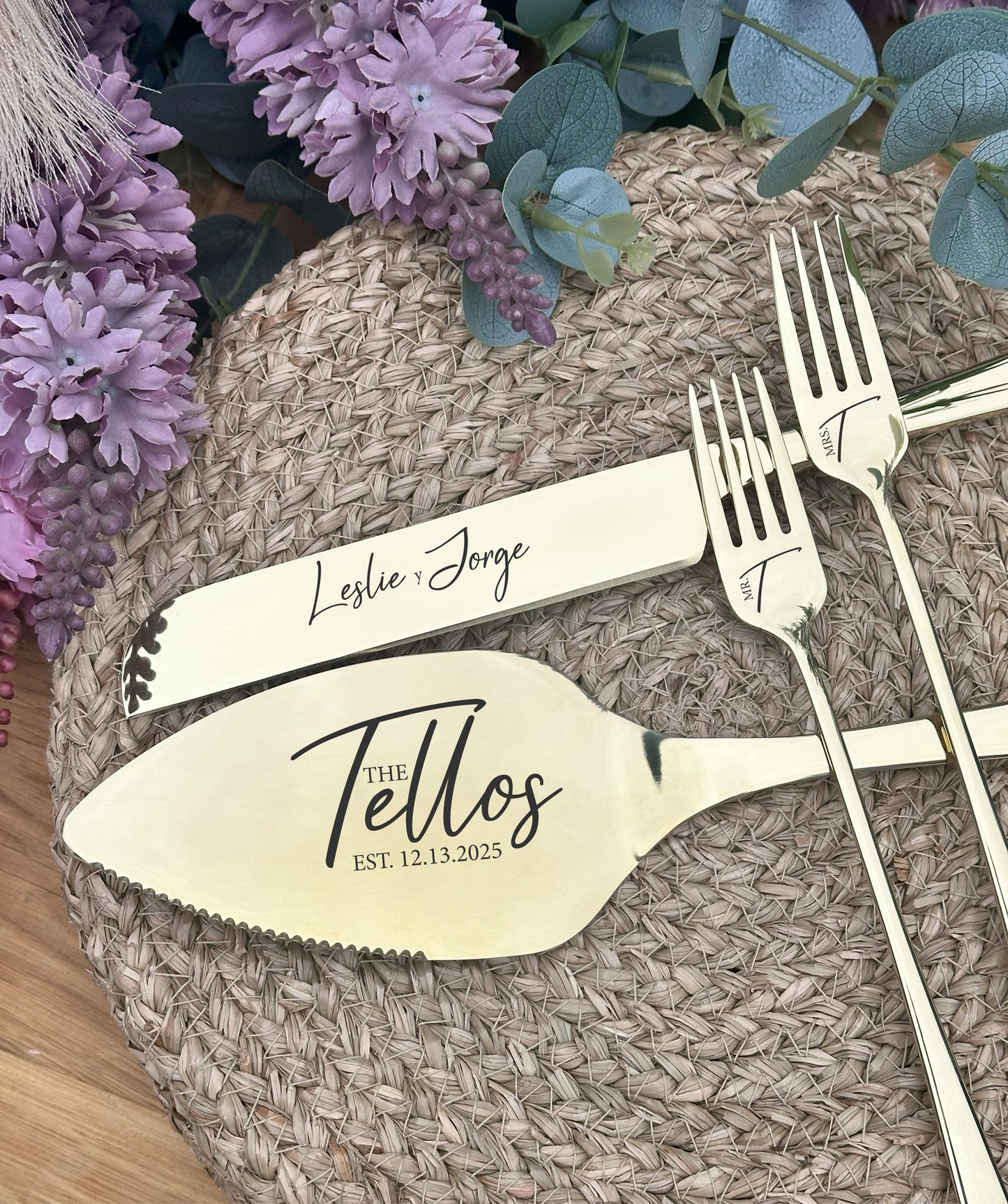 Engraved Cake Serving Set for Wedding: Elegant Personalized Cutters and Forks, Solid Stainless Steel Keepsake for Couple, Dispatched from US