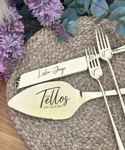 Engraved Cake Serving Set for Wedding: Elegant Personalized Cutters and Forks, Solid Stainless Steel Keepsake for Couple, Dispatched from US