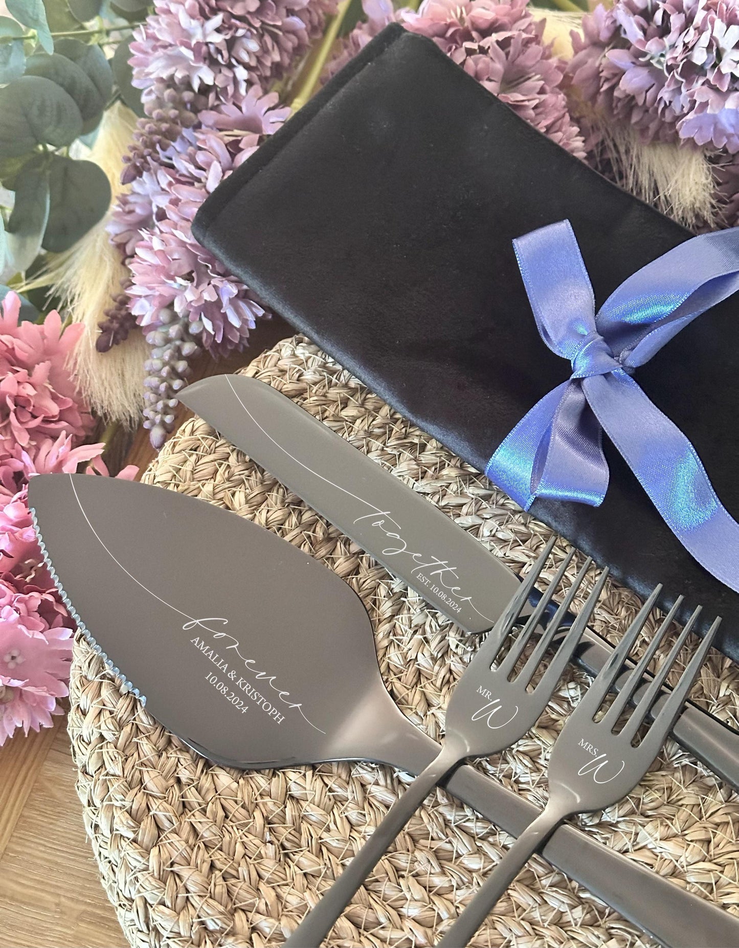 Engraved Cake Serving Set for Wedding: Personalized Server, Knife, Forks for New Family, Luxury Bridal Shower Anniversary Gift NO EXTRA FEES