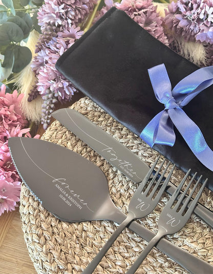 Engraved Cake Serving Set for Wedding: Personalized Server, Knife, Forks for New Family, Luxury Bridal Shower Anniversary Gift NO EXTRA FEES