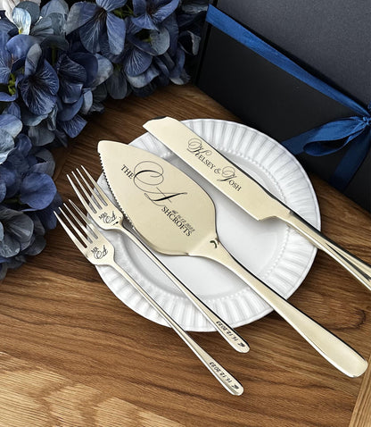 Individuell graviertes Torten-Servierset für Paare: Massives Champagner-Messer und -Gabeln – Geschenk für Brautparty, Jahrestag, Hochzeitsandenken