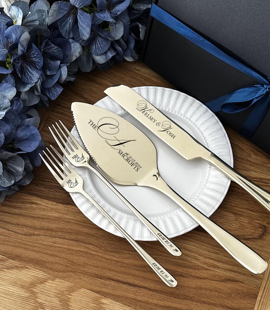 Custom Engraved Cake Serving Set for Couple: Solid Champagne Server Knife & Forks Gift for Bridal Shower Anniversary Party, Wedding Keepsake