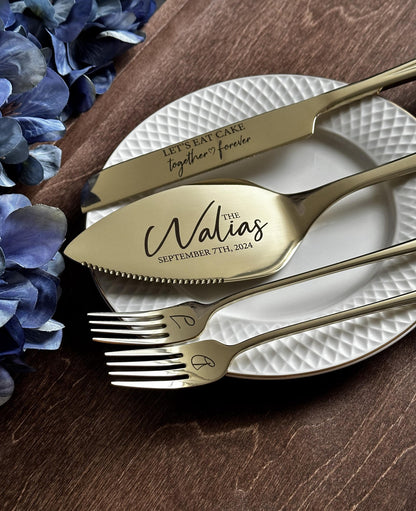 Elegant Cake Cutters Gift for Wedding, Anniversary with Gift Box: Engraved New Family Cutlery with Names and Date, Knives and Forks Set