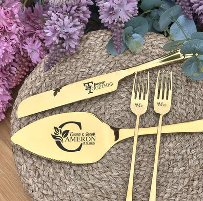 Wedding Knife, Cake Forks and Server, Personalized GIFT BOXED Cutlery Set for Bridal Shower Party, Anniversary, Cake Cutting Ceremony