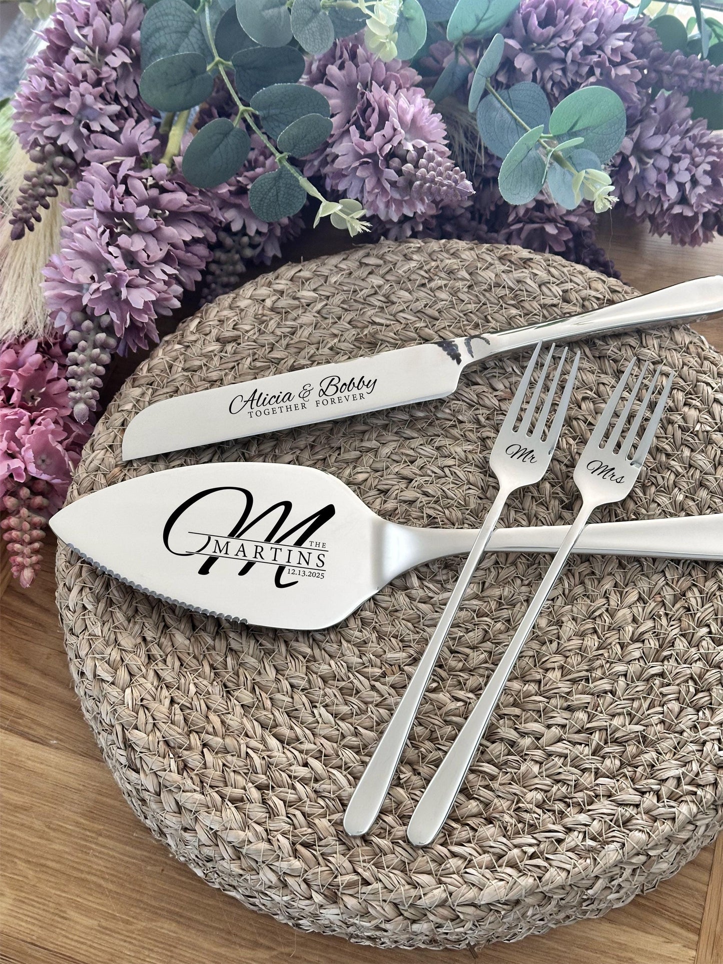 Wedding Knife, Cake Forks and Server, Personalized GIFT BOXED Cutlery Set for Bridal Shower Party, Anniversary, Cake Cutting Ceremony