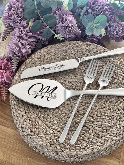 Wedding Knife, Cake Forks and Server, Personalized GIFT BOXED Cutlery Set for Bridal Shower Party, Anniversary, Cake Cutting Ceremony