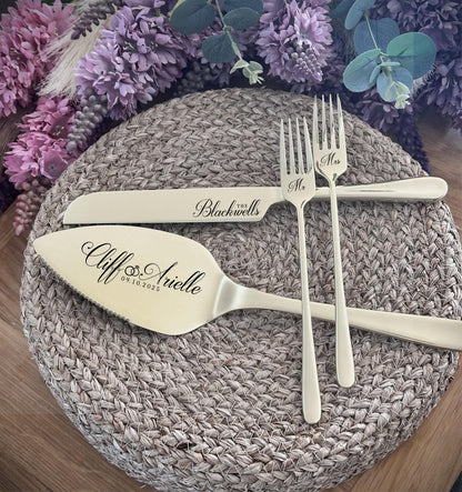 Wedding Knife, Cake Forks and Server, Personalized GIFT BOXED Cutlery Set for Bridal Shower Party, Anniversary, Cake Cutting Ceremony