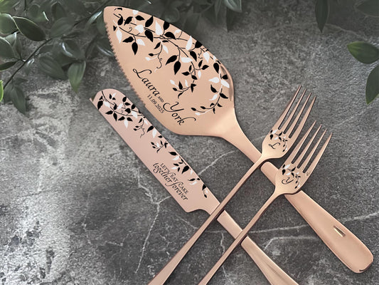 Wedding Cutlery Gift for Cake Serving Ceremony, Personalized Double-Colored Engraving on Cake Cutting Knife Server Forks, Box Gifted Set