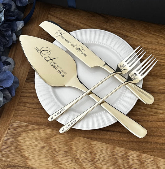 Champagne Cake Cutting Set for Wedding Ceremony: Engraved Solid Stainless Steel Server Knife & Forks for Bride and Groom, Anniversary Gift