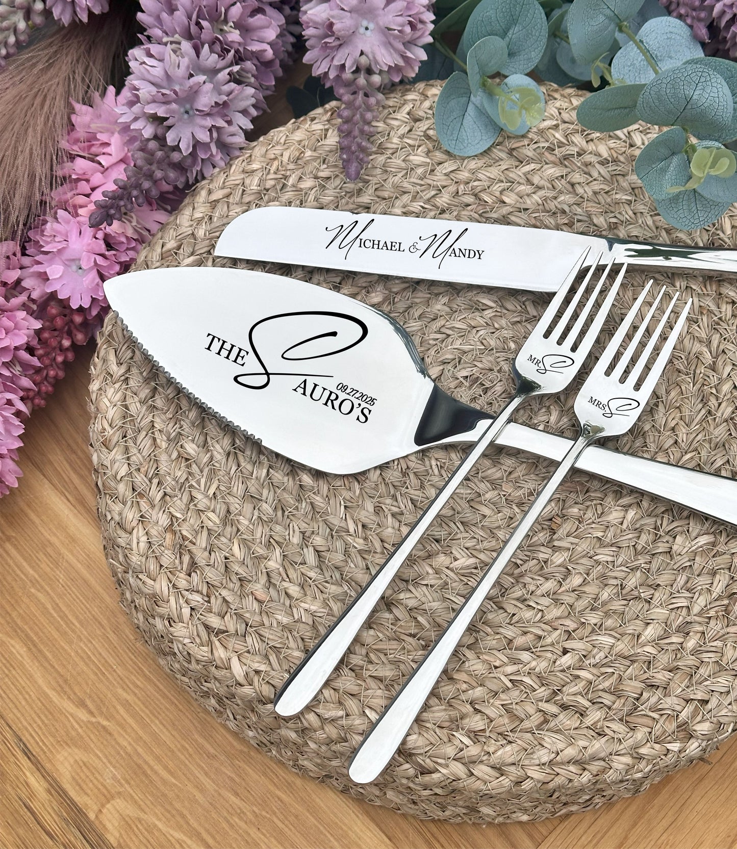 Champagne Cake Cutting Set for Wedding Ceremony: Engraved Solid Stainless Steel Server Knife & Forks for Bride and Groom, Anniversary Gift
