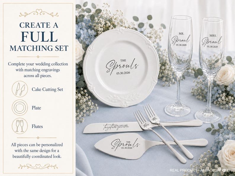Personalized wedding bundle with engraved cake cutting set, champagne flutes and cake plate