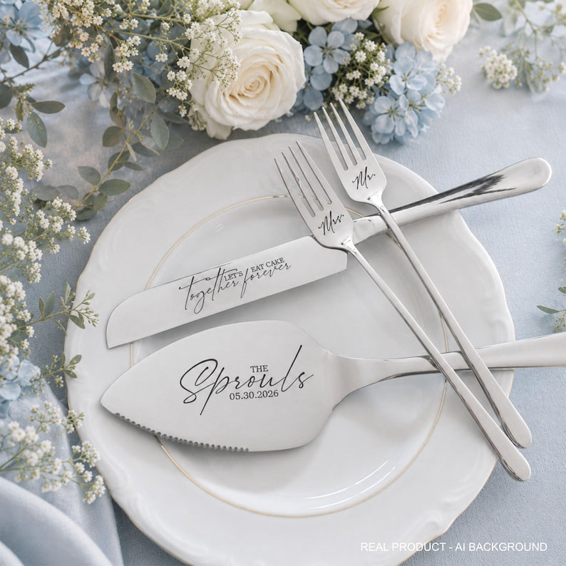 Personalized wedding cake cutting set with engraved knife, server and forks