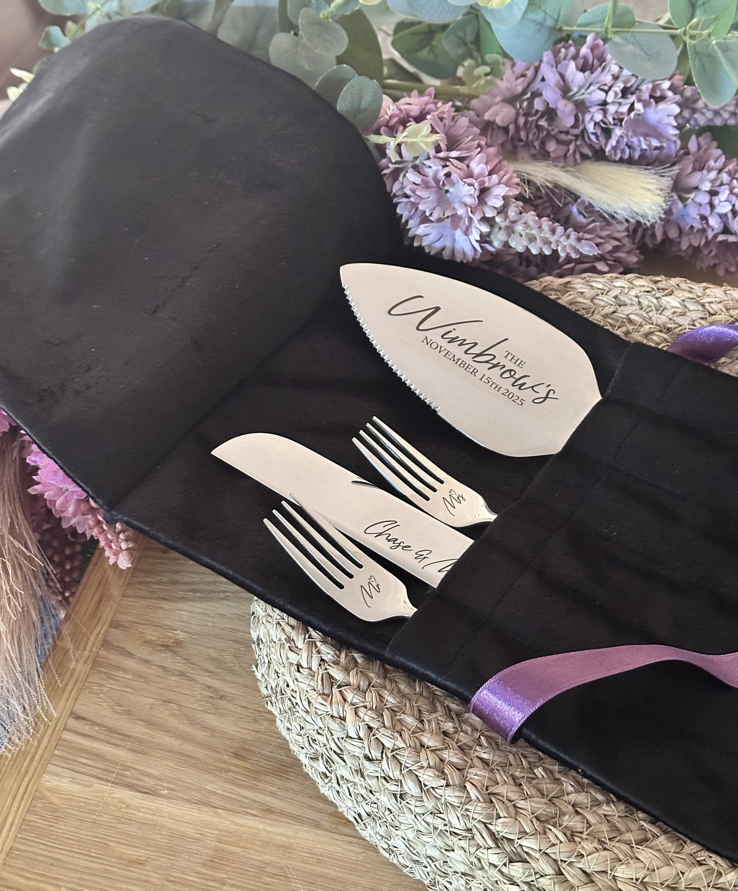 Champagne Cake Cutting Set for Wedding Ceremony: Engraved Solid Stainless Steel Server Knife & Forks for Bride and Groom, Anniversary Gift
